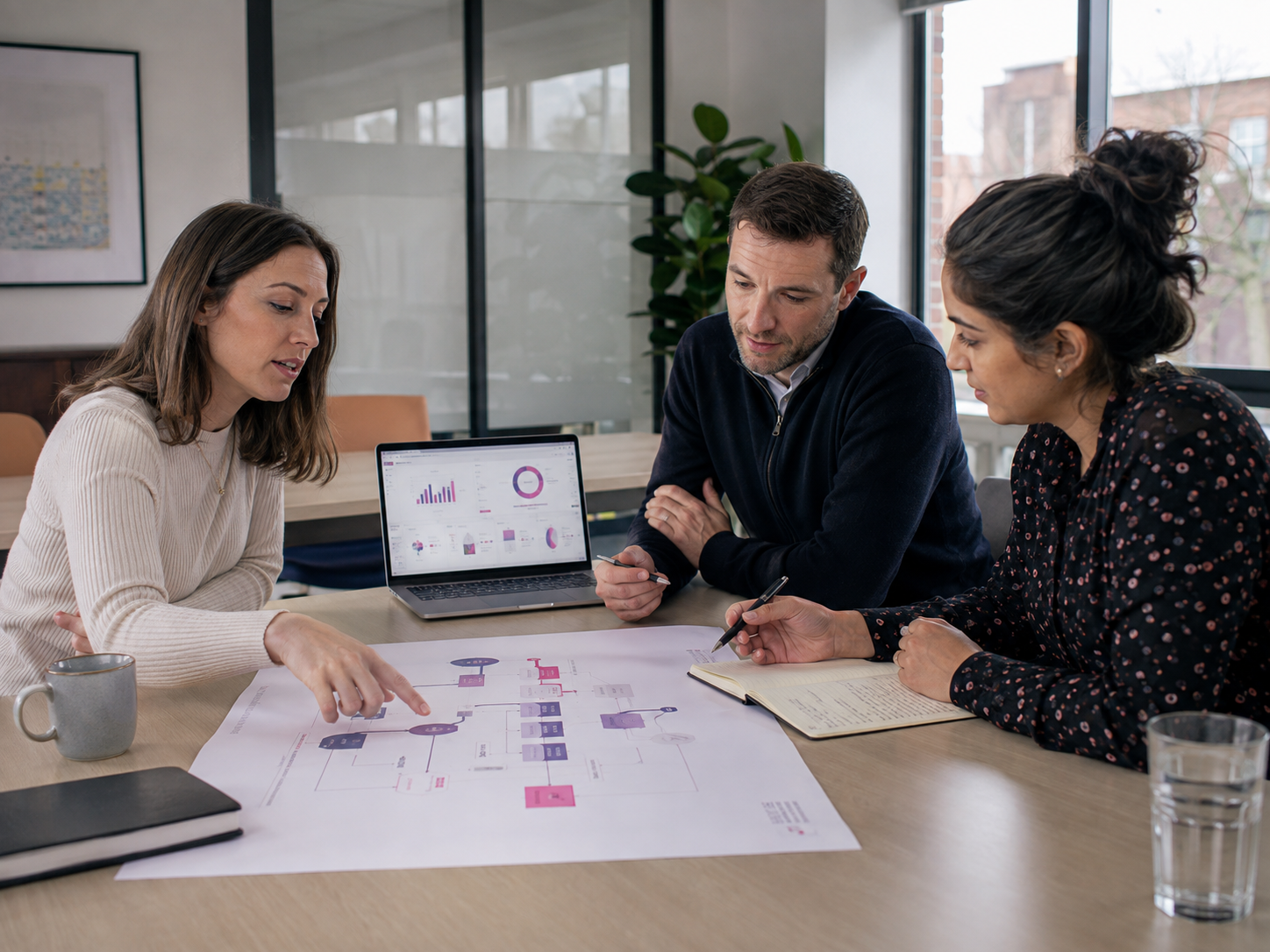 Consultants reviewing workflow plans and analytics together