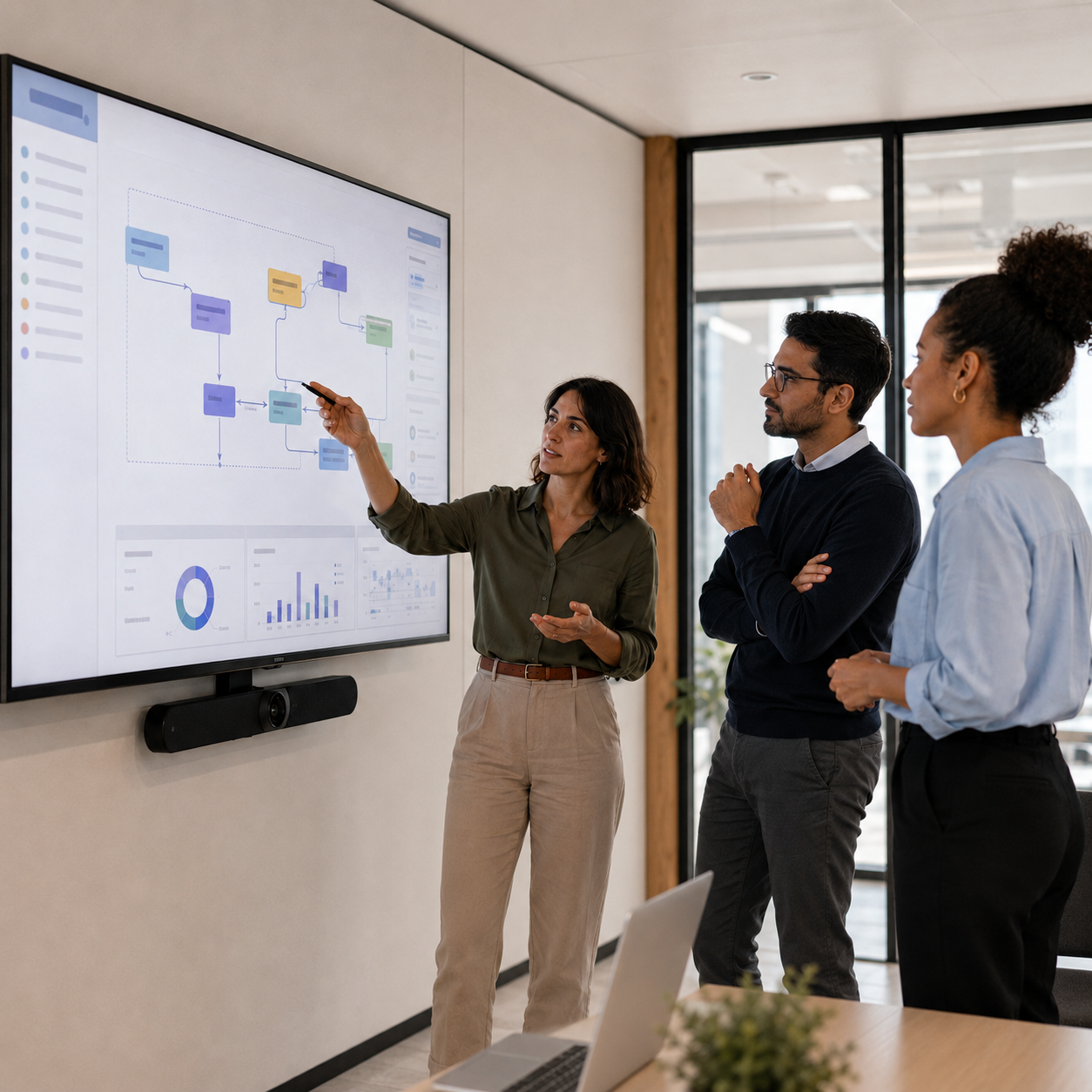 Consultants reviewing an operational workflow on a digital display