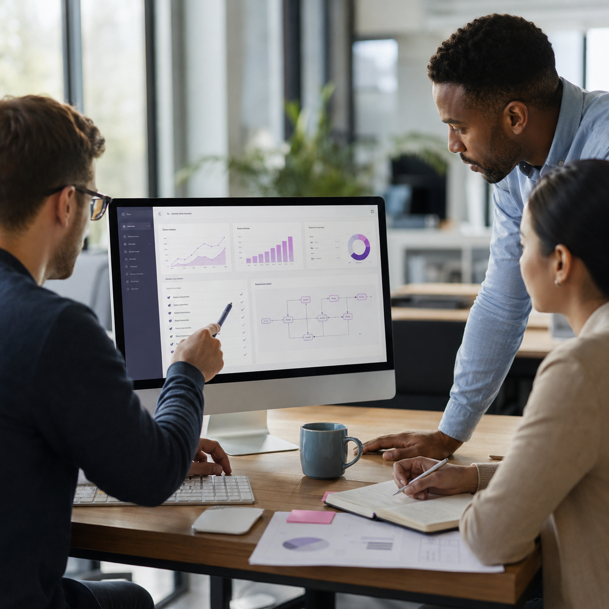 Consultants reviewing business process dashboards together