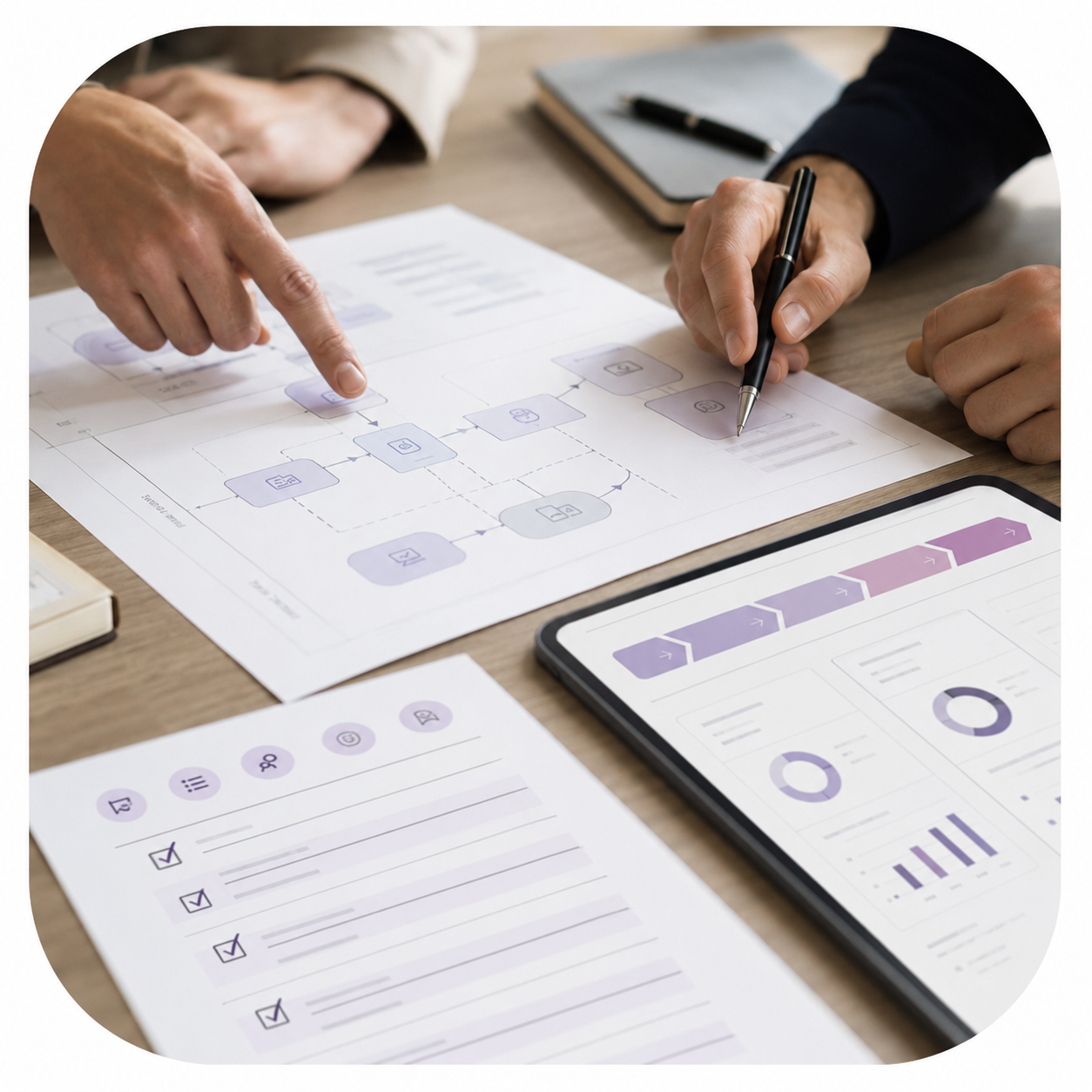 Hands reviewing workflow diagrams and operational planning documents