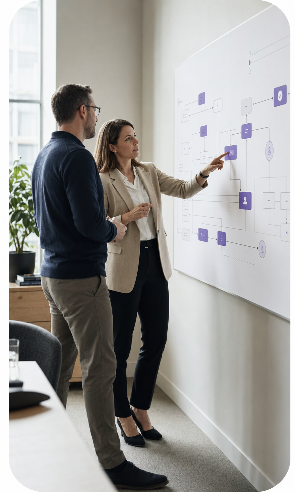 Consultants reviewing an operational workflow on a whiteboard
